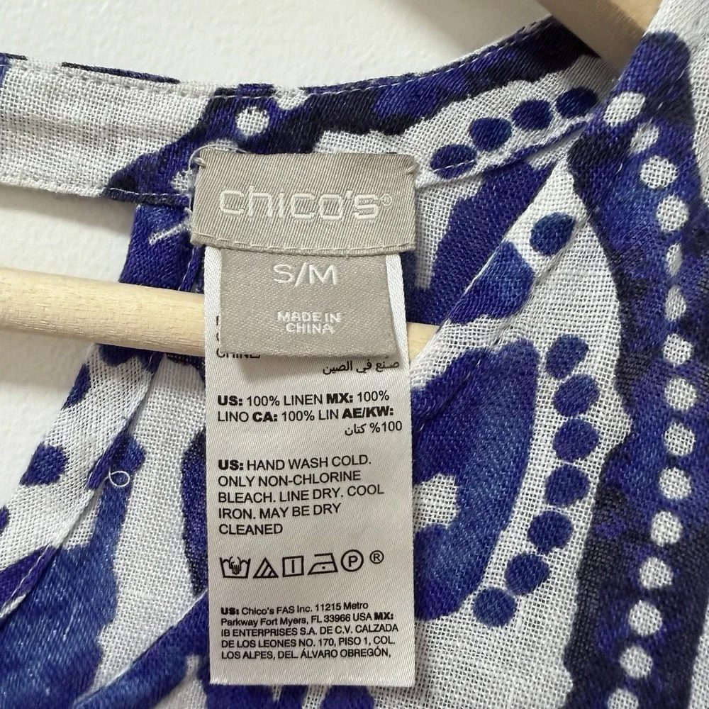 Chicos Womens 100% Linen Ikat Poncho Size S/M Blue Beach Resort Swim Cover Up
